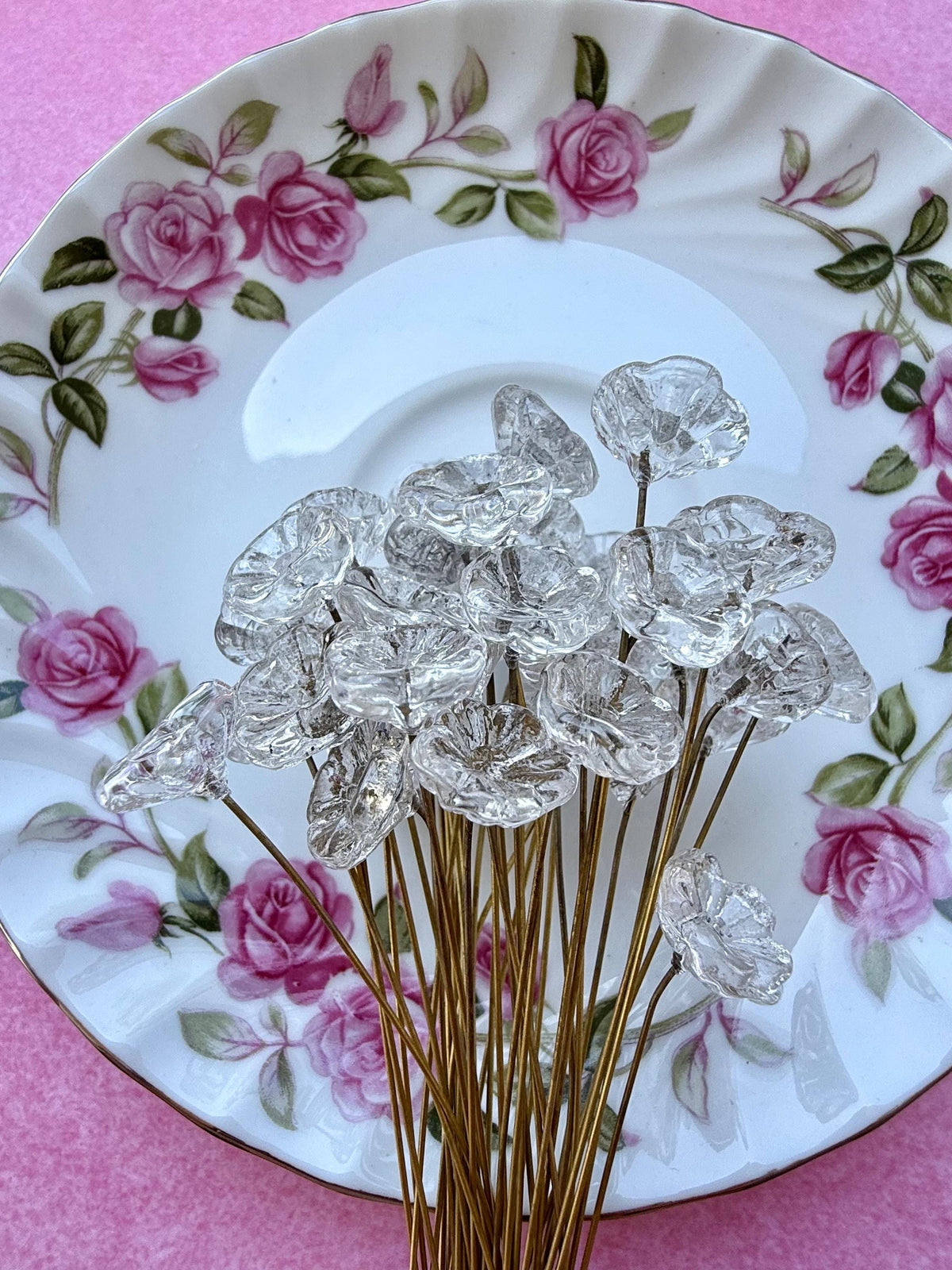 25 Starlit Ice Clear Glass Flower Headpins on Raw Brass Wire, Vintage-Inspired Floral Jewelry Findings, Wired Leaves for Crafts