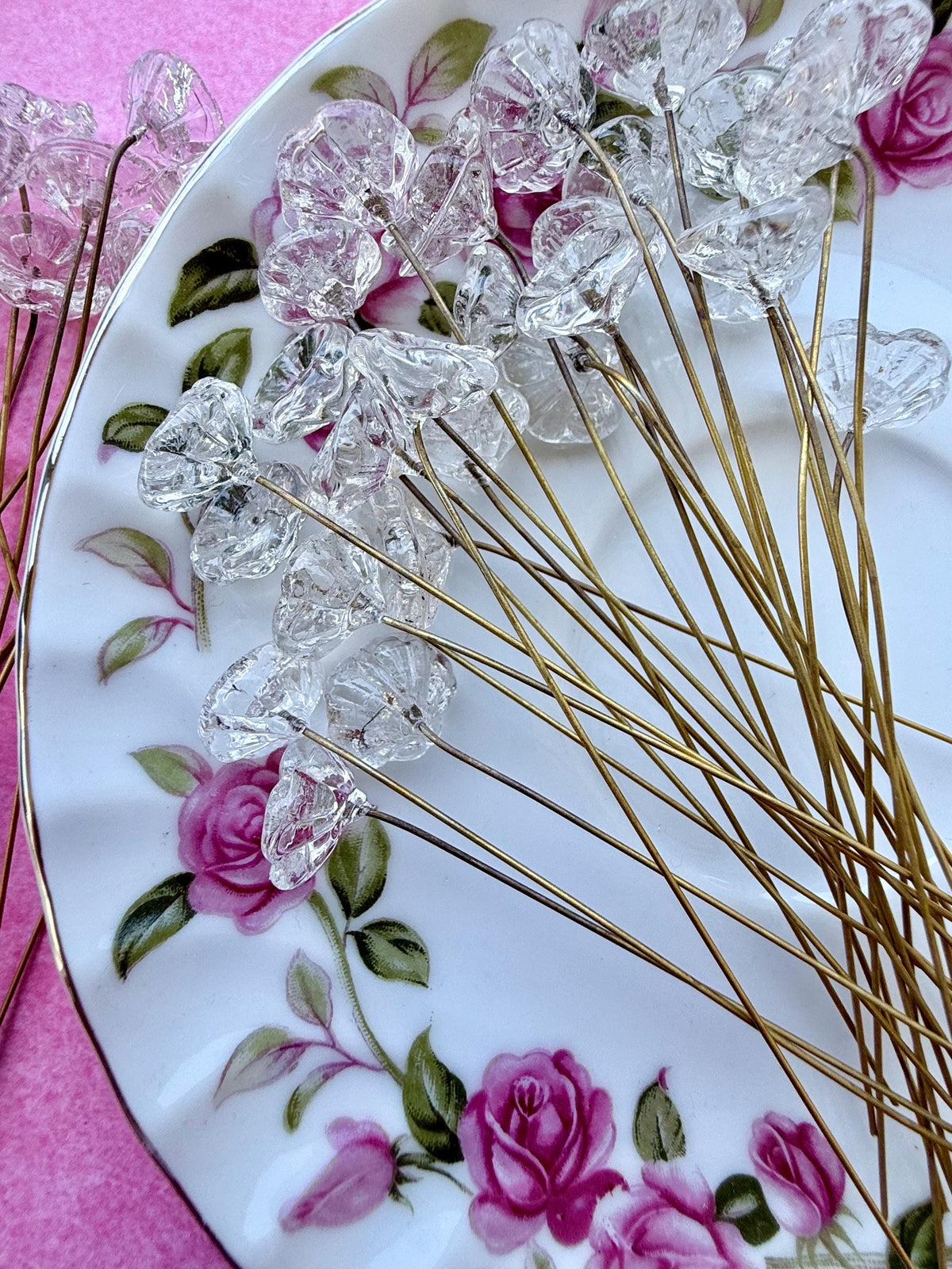 25 Starlit Ice Clear Glass Flower Headpins on Raw Brass Wire, Vintage-Inspired Floral Jewelry Findings, Wired Leaves for Crafts