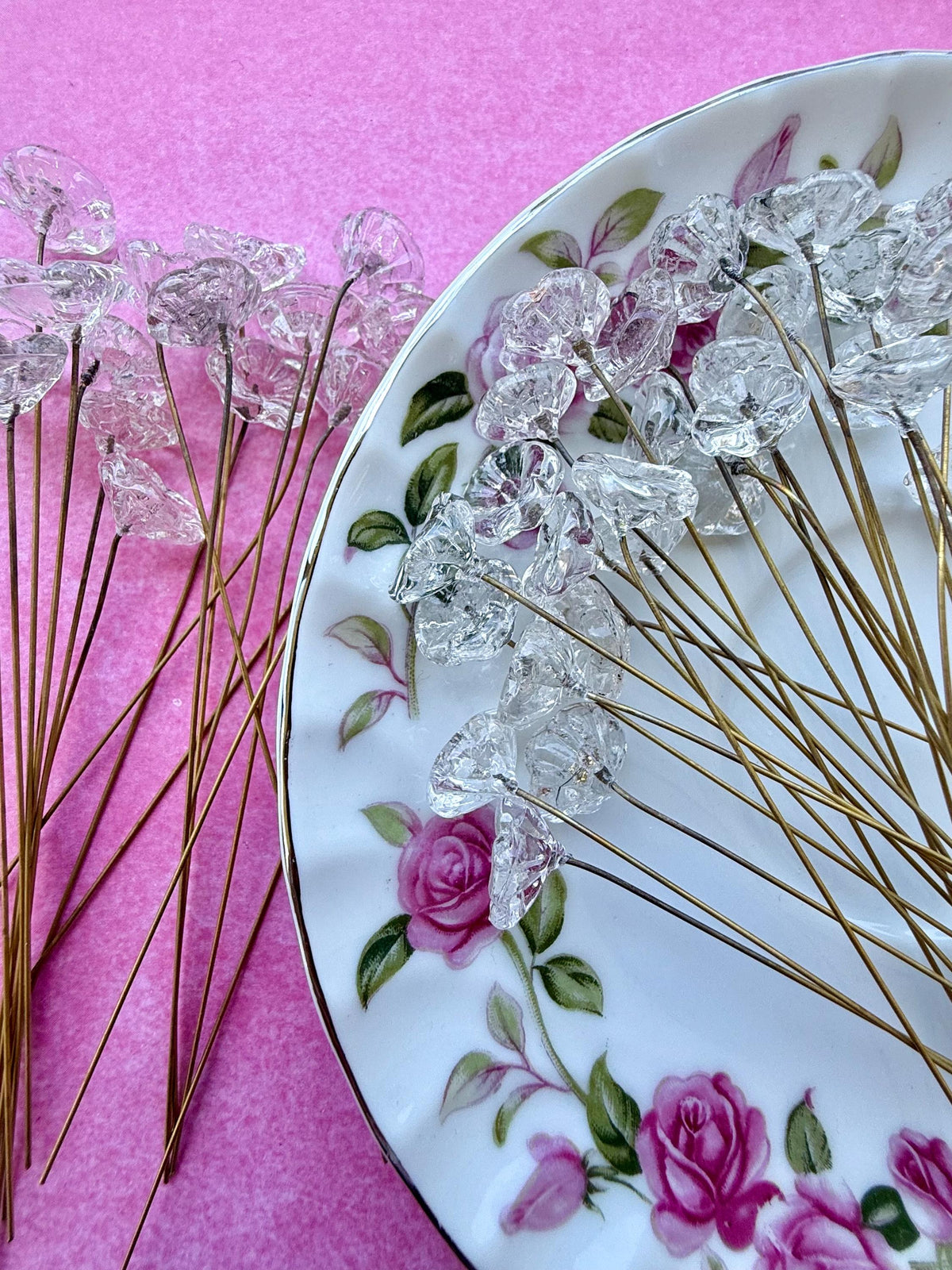 25 Starlit Ice Clear Glass Flower Headpins on Raw Brass Wire, Vintage-Inspired Floral Jewelry Findings, Wired Leaves for Crafts
