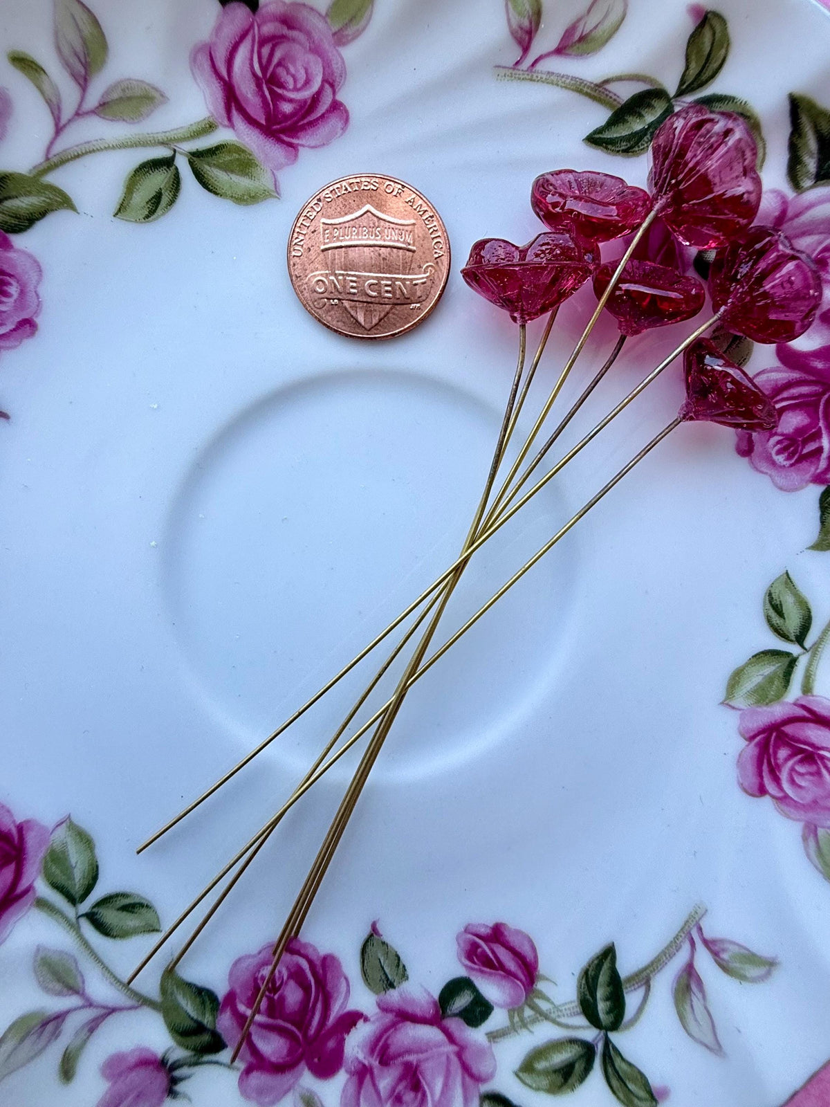 25 Raspberry Rose Glass Flower Headpins on Raw Brass Wire, Vintage-Inspired Floral Jewelry Findings, Wired Leaves for Crafts