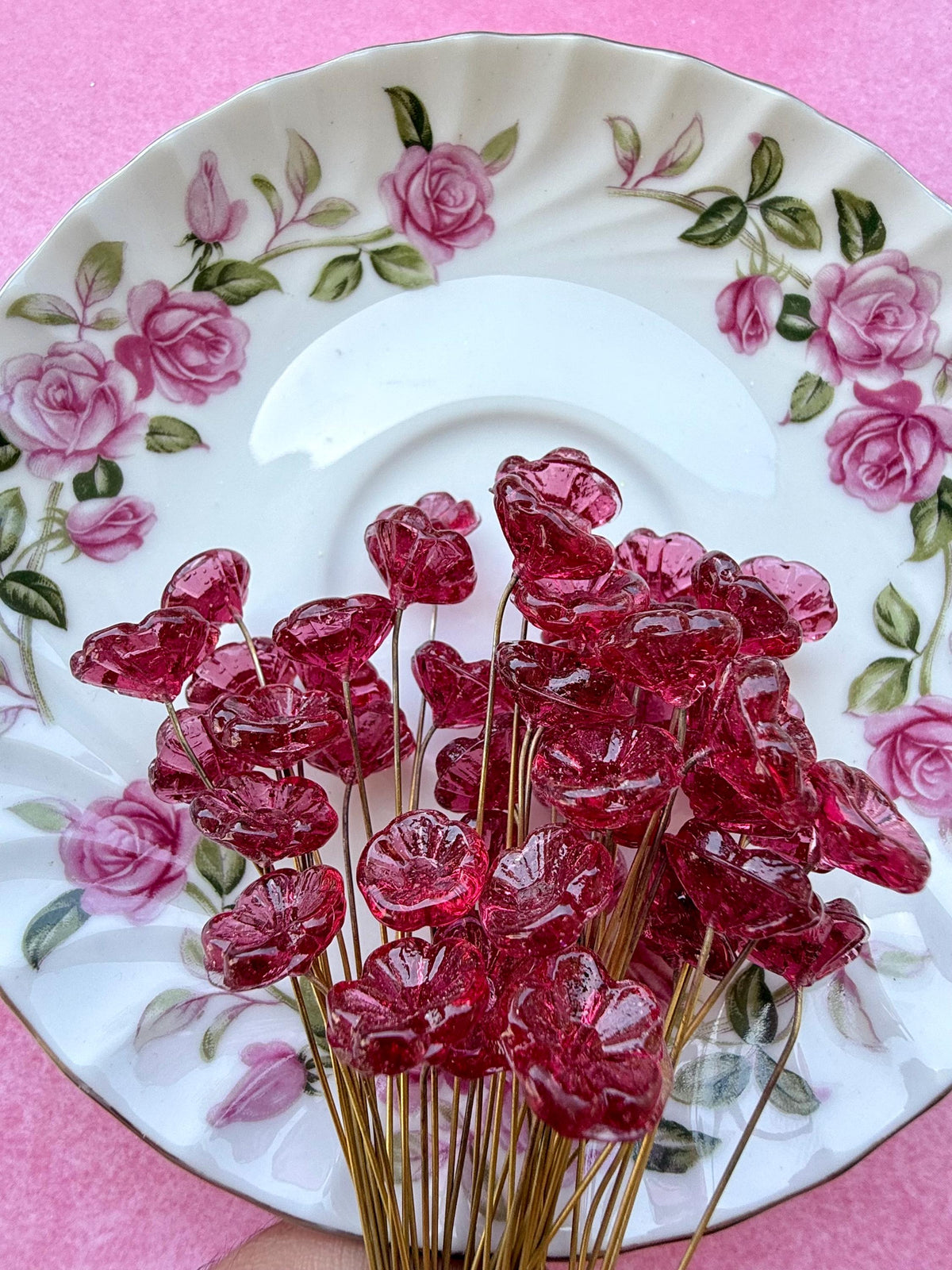 25 Raspberry Rose Glass Flower Headpins on Raw Brass Wire, Vintage-Inspired Floral Jewelry Findings, Wired Leaves for Crafts