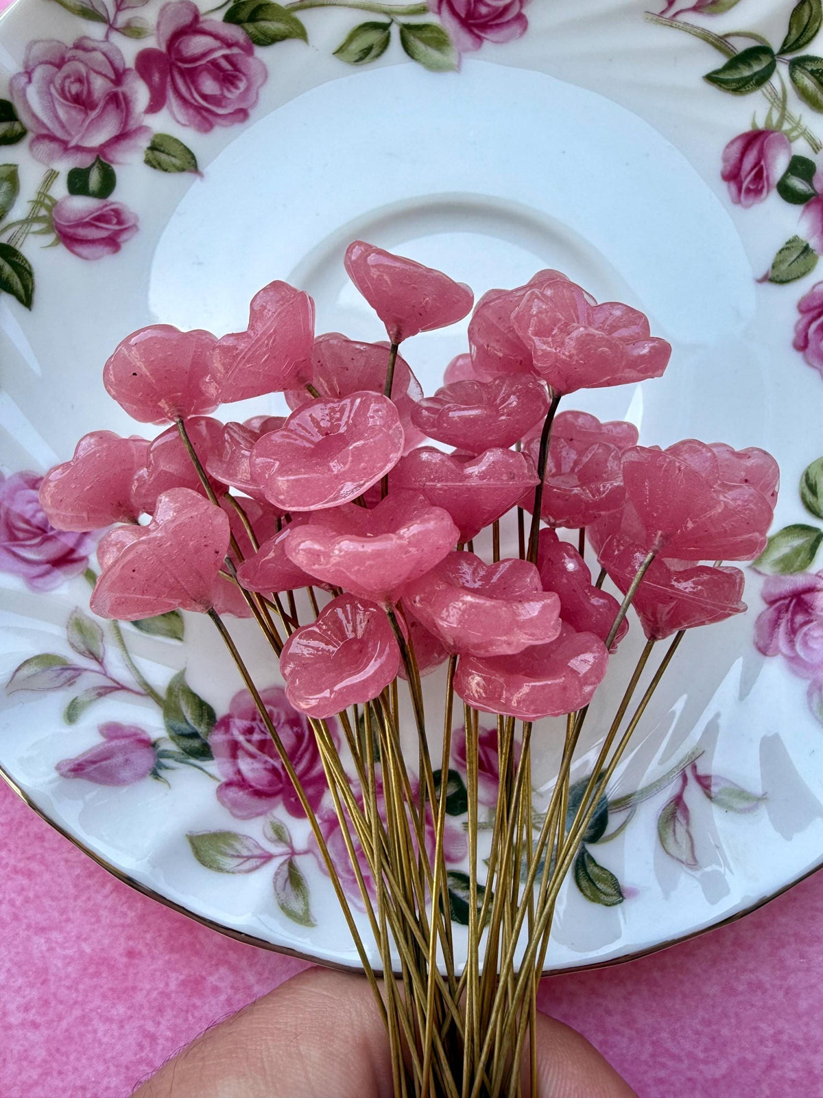 25 Plasma Pink Glass Flower Headpins on Raw Brass Wire, Vintage-Inspired Floral Jewelry Findings, Wired Leaves for Crafts