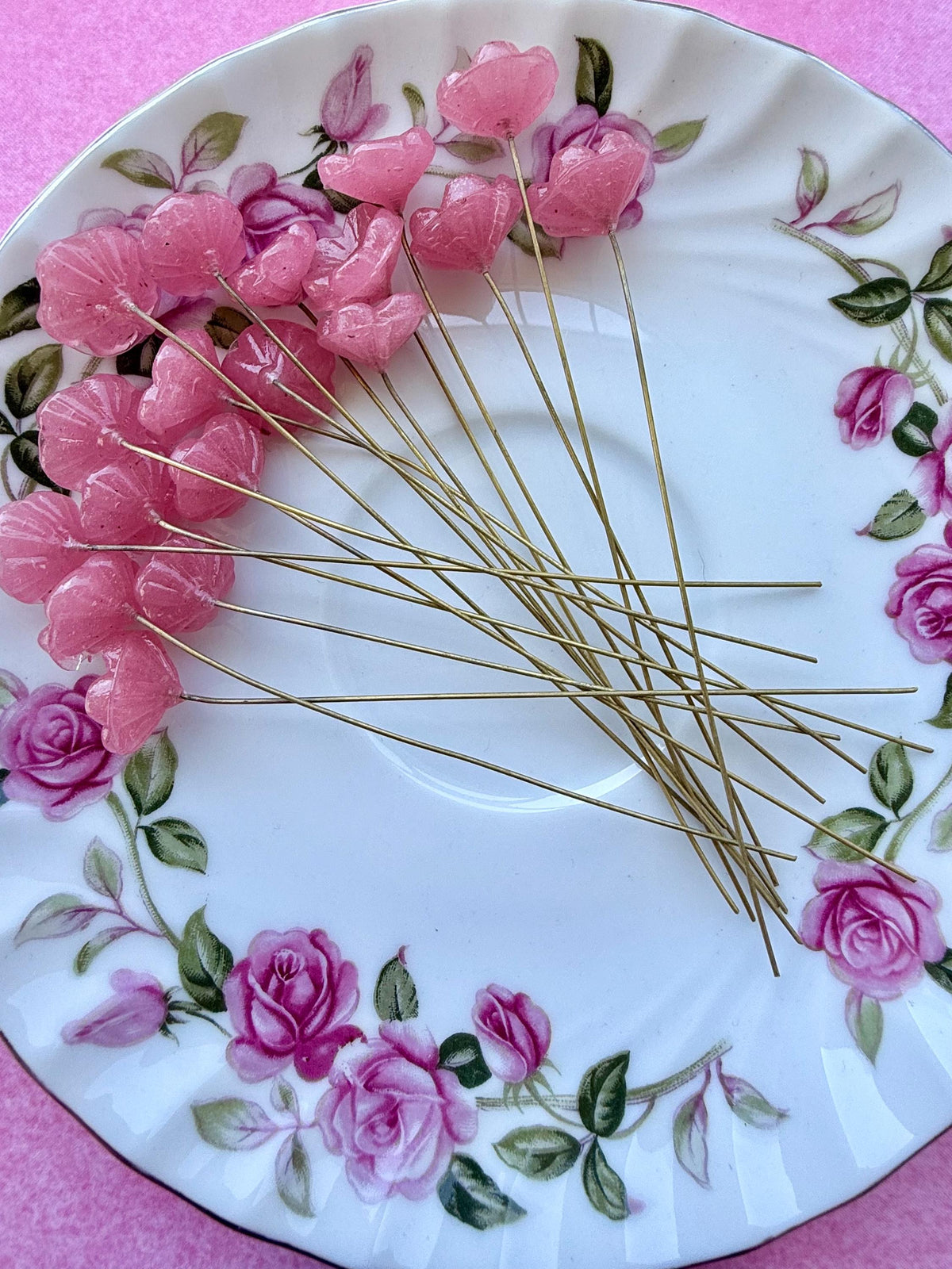 25 Plasma Pink Glass Flower Headpins on Raw Brass Wire, Vintage-Inspired Floral Jewelry Findings, Wired Leaves for Crafts