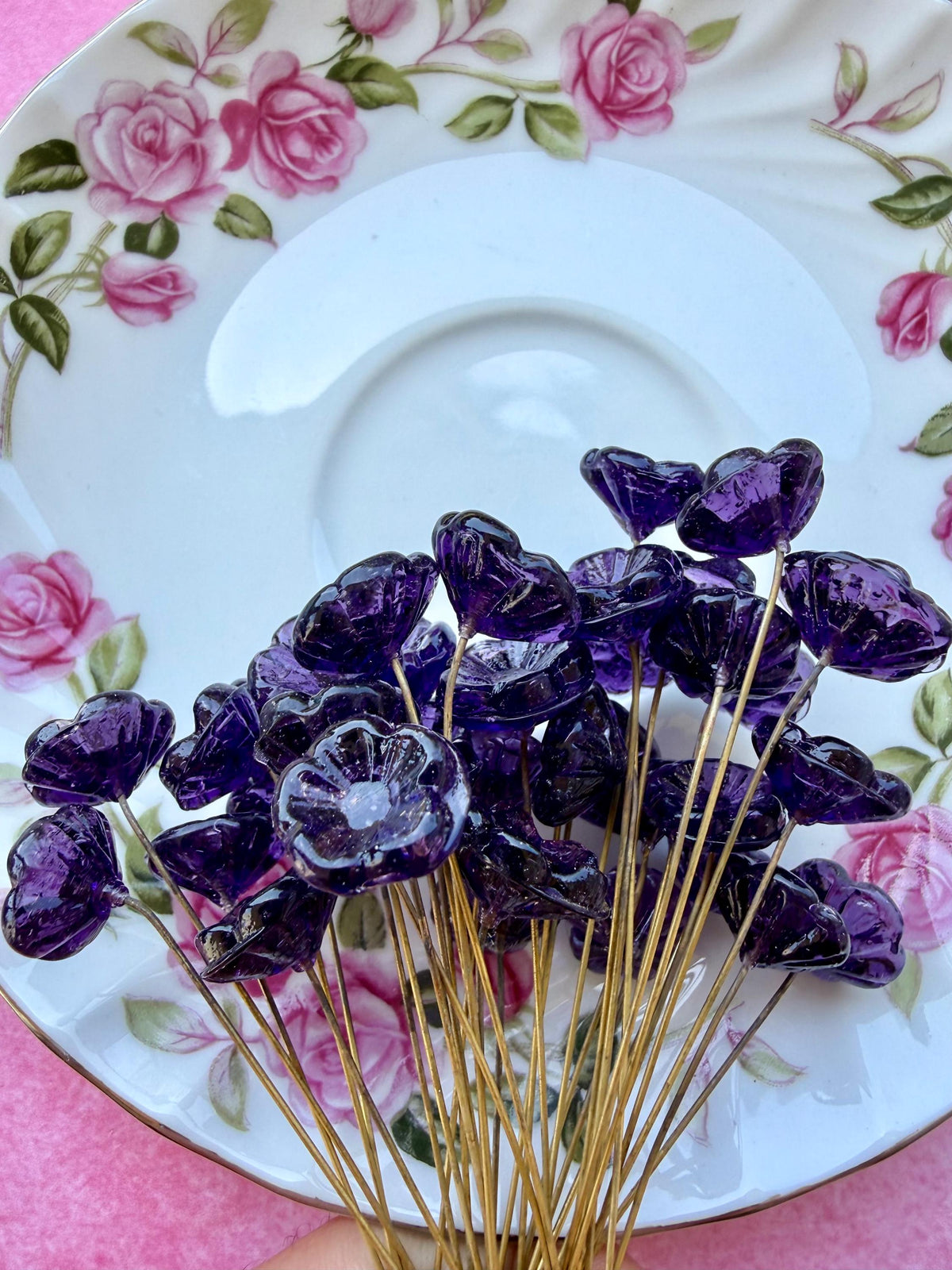25 Purple Nebula Glass Flower Headpins on Raw Brass Wire, Vintage-Inspired Floral Jewelry Findings, Wired Leaves for Crafts