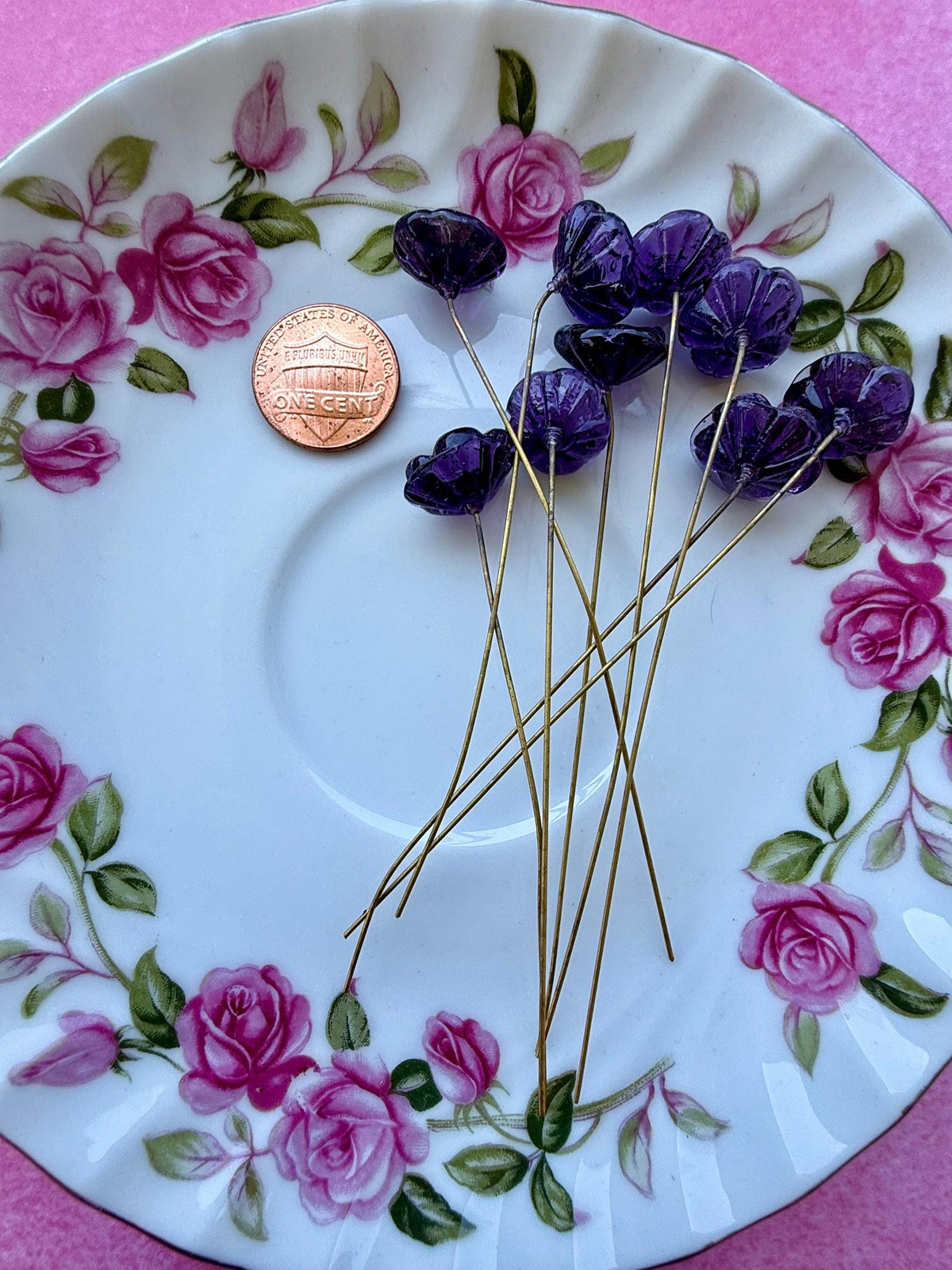 25 Purple Nebula Glass Flower Headpins on Raw Brass Wire, Vintage-Inspired Floral Jewelry Findings, Wired Leaves for Crafts