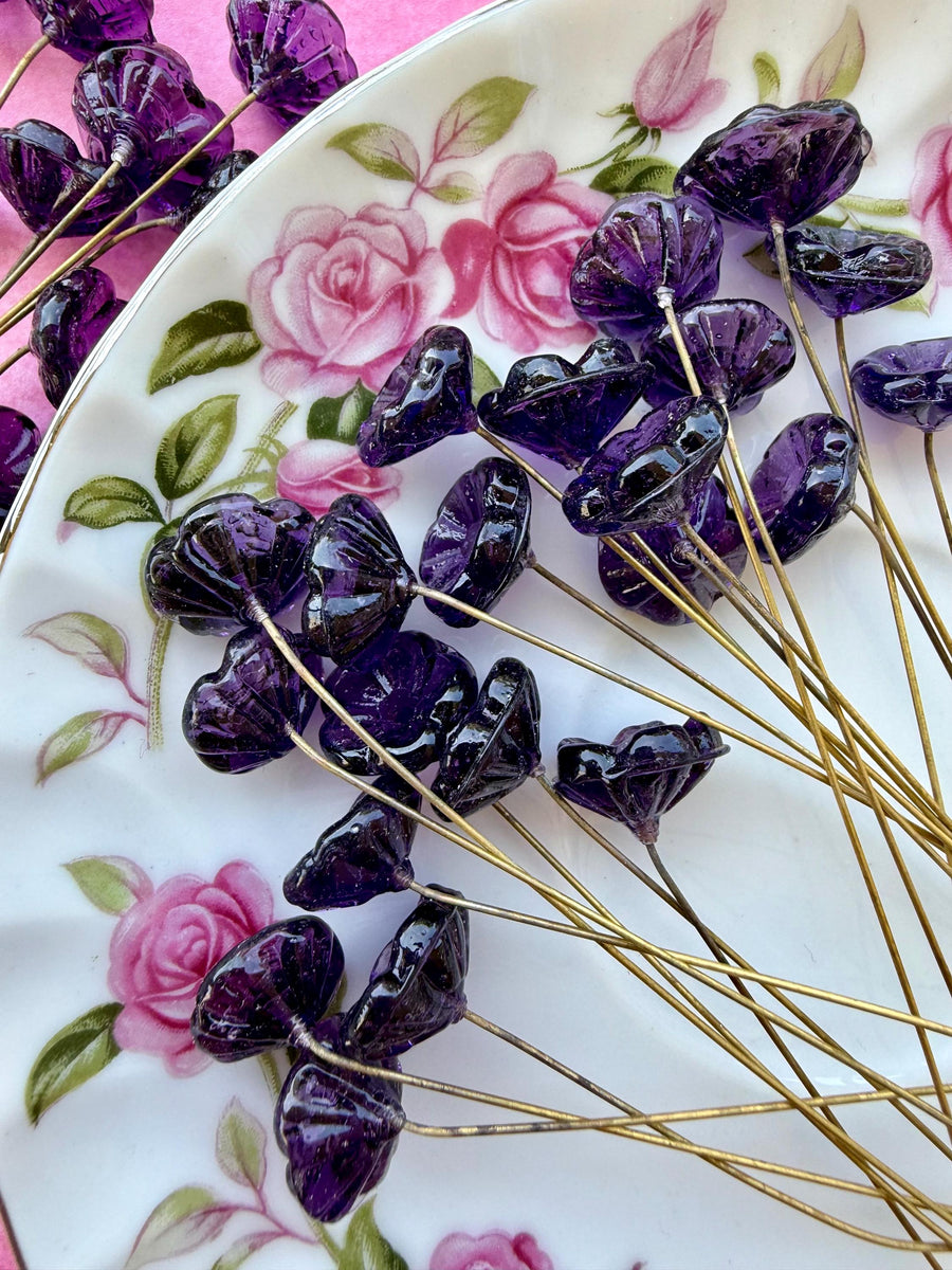 25 Purple Nebula Glass Flower Headpins on Raw Brass Wire, Vintage-Inspired Floral Jewelry Findings, Wired Leaves for Crafts