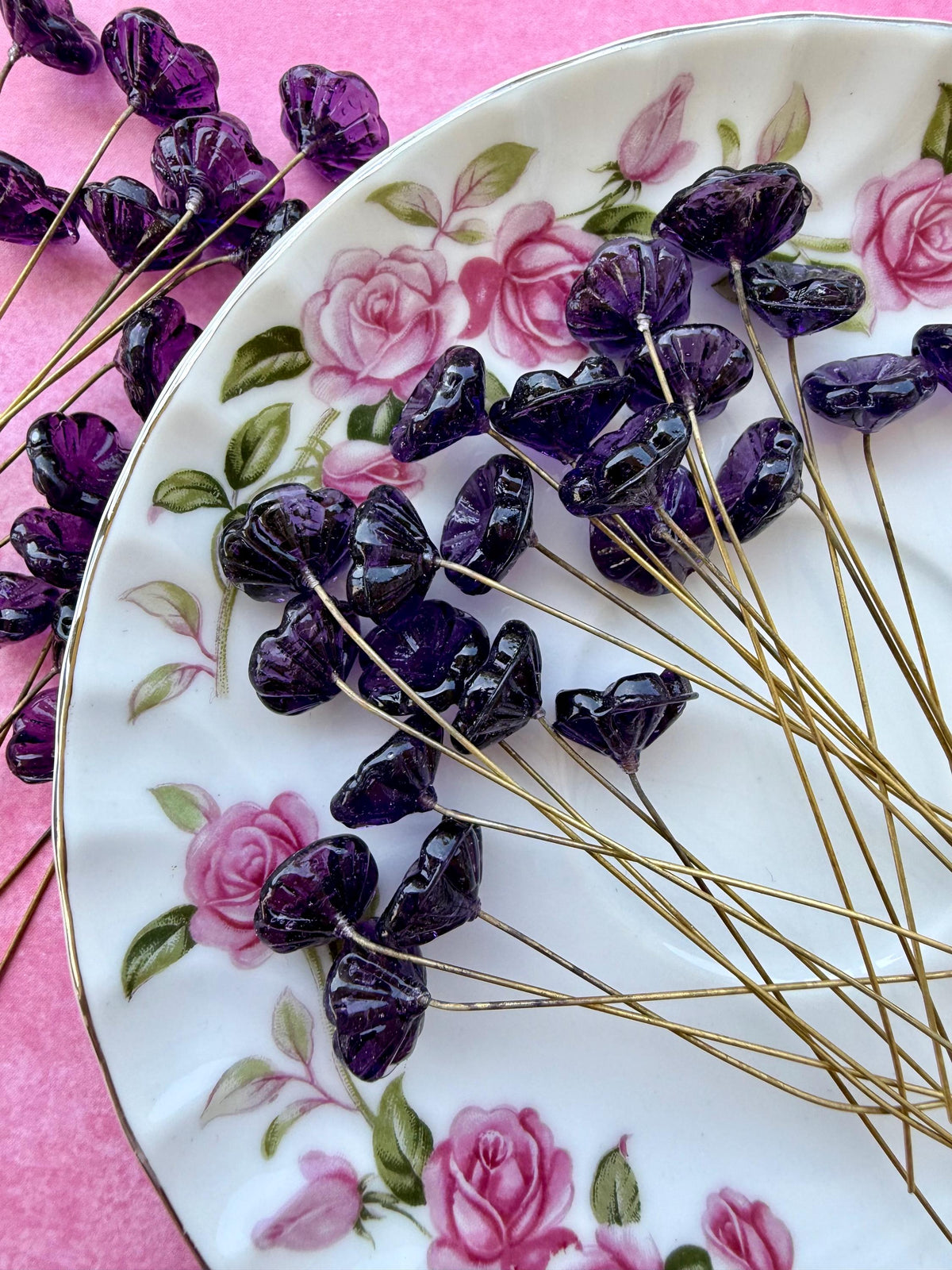 25 Purple Nebula Glass Flower Headpins on Raw Brass Wire, Vintage-Inspired Floral Jewelry Findings, Wired Leaves for Crafts