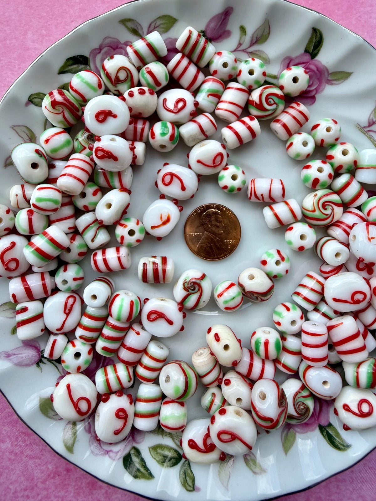 1/2 lb Peppermint Christmas Lampwork Bead Mix – Red, Green & White Glass Bead Soup