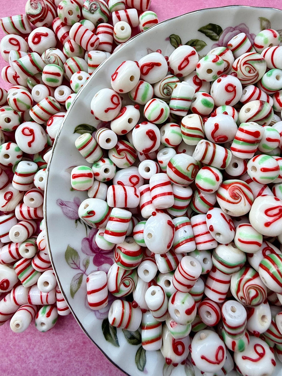 1/2 lb Peppermint Christmas Lampwork Bead Mix – Red, Green & White Glass Bead Soup