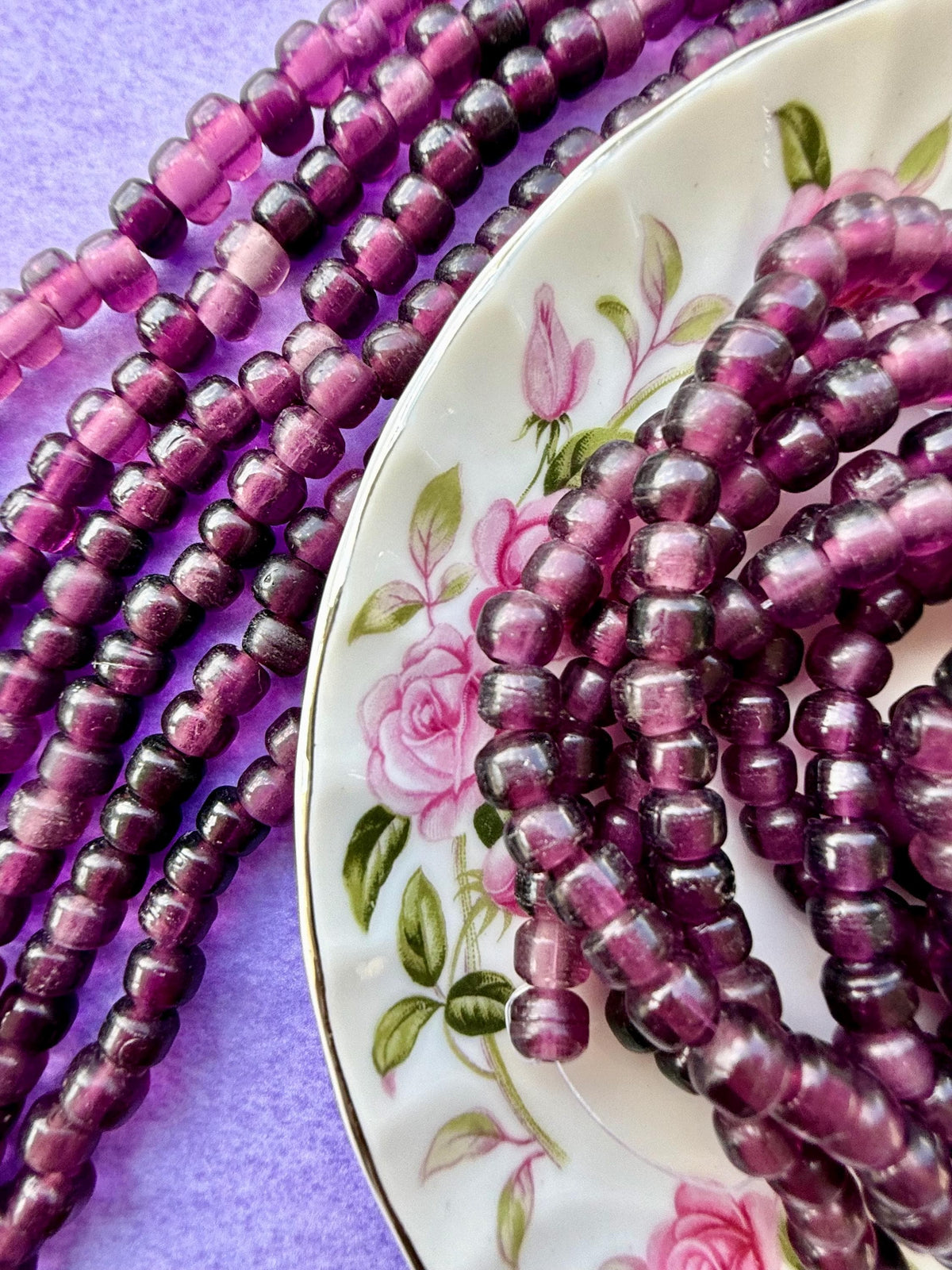 36” Blackberry Wine Glass Bead Strand – 5-7mm - Translucent Plum Purple Beads – Jewelry Making Supplies