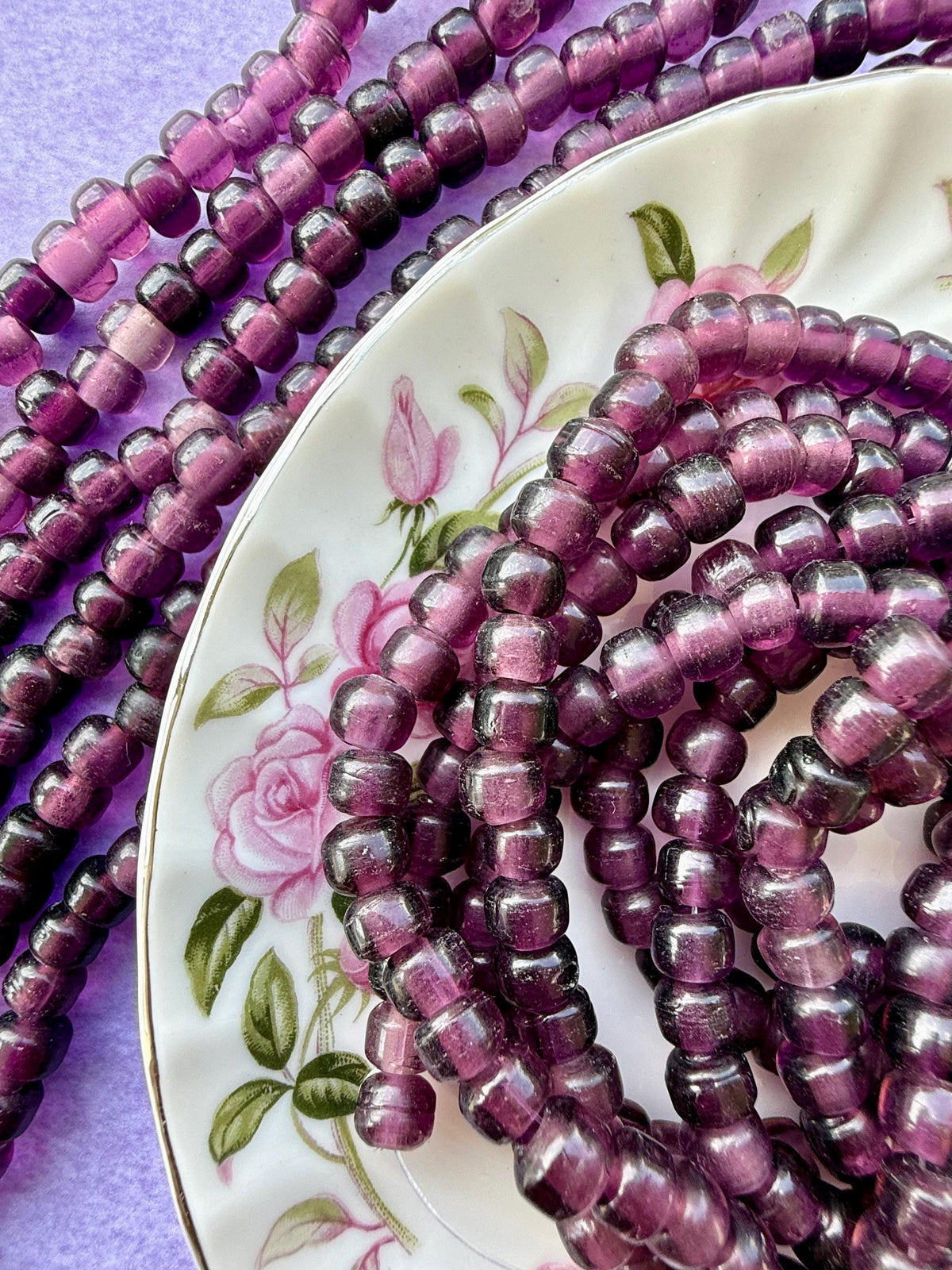 36” Blackberry Wine Glass Bead Strand – 5-7mm - Translucent Plum Purple Beads – Jewelry Making Supplies