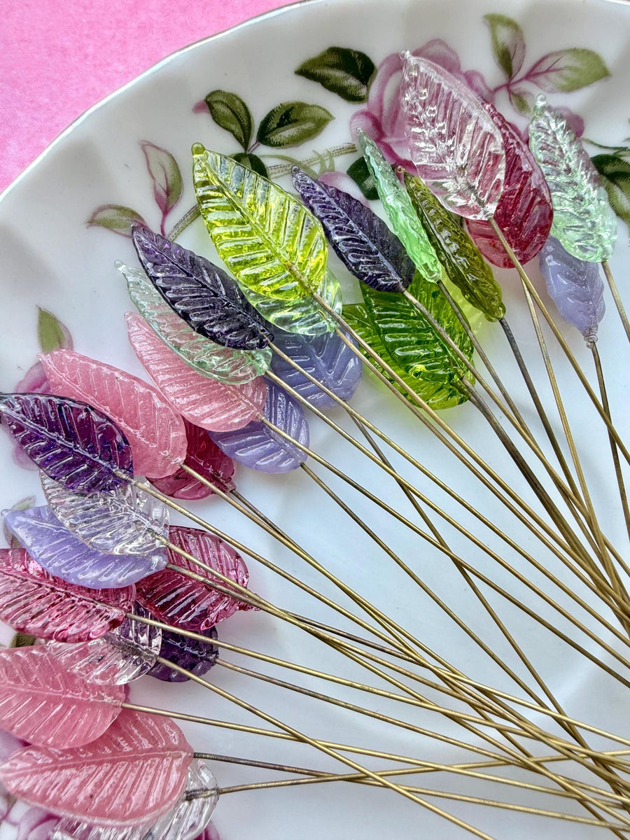 28pc Rainbow Garden Mix Glass Leaf Headpins | Assorted Colors | Vintage Style Glass Leaves on Brass Wire