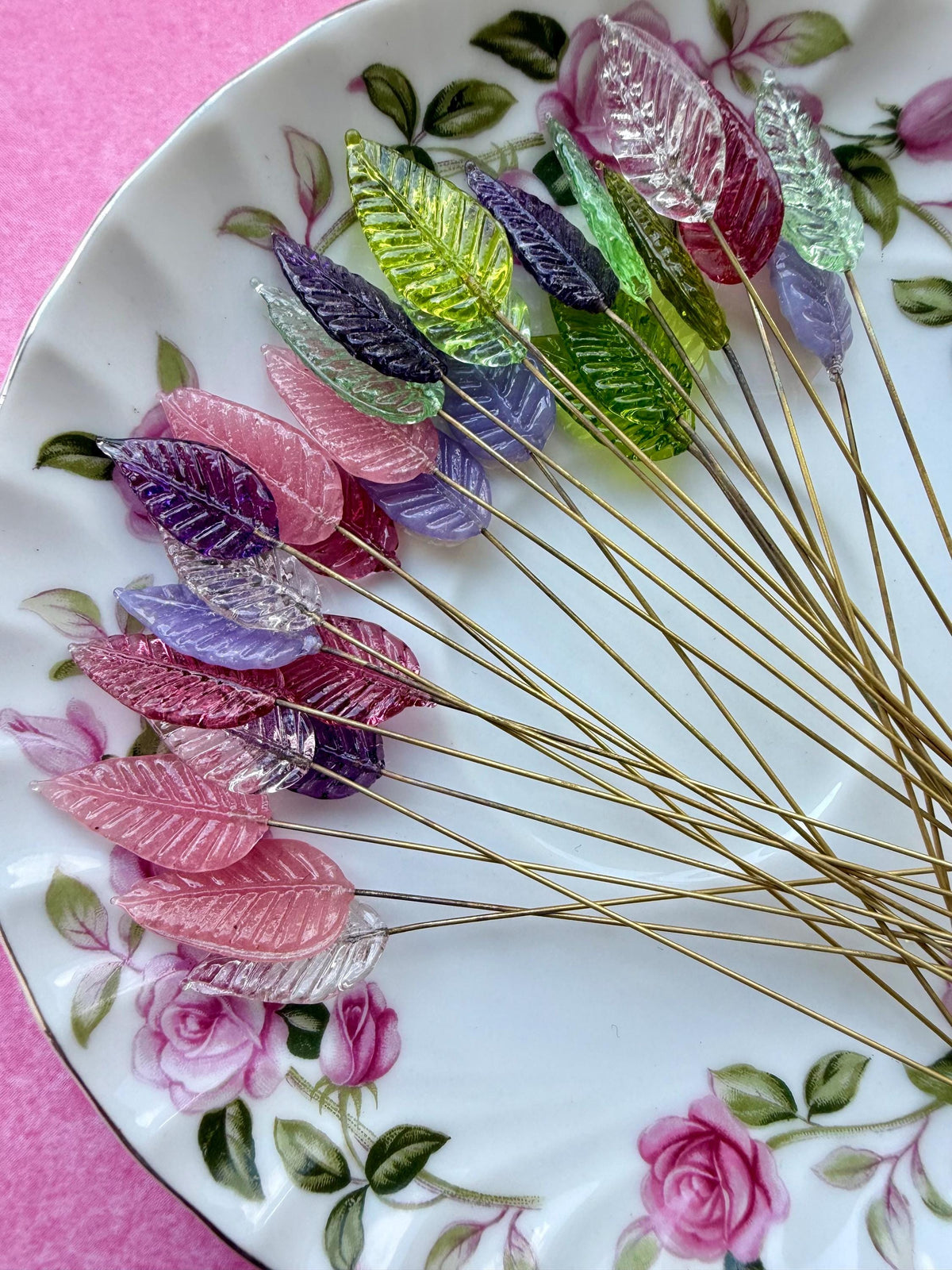 28pc Rainbow Garden Mix Glass Leaf Headpins | Assorted Colors | Vintage Style Glass Leaves on Brass Wire