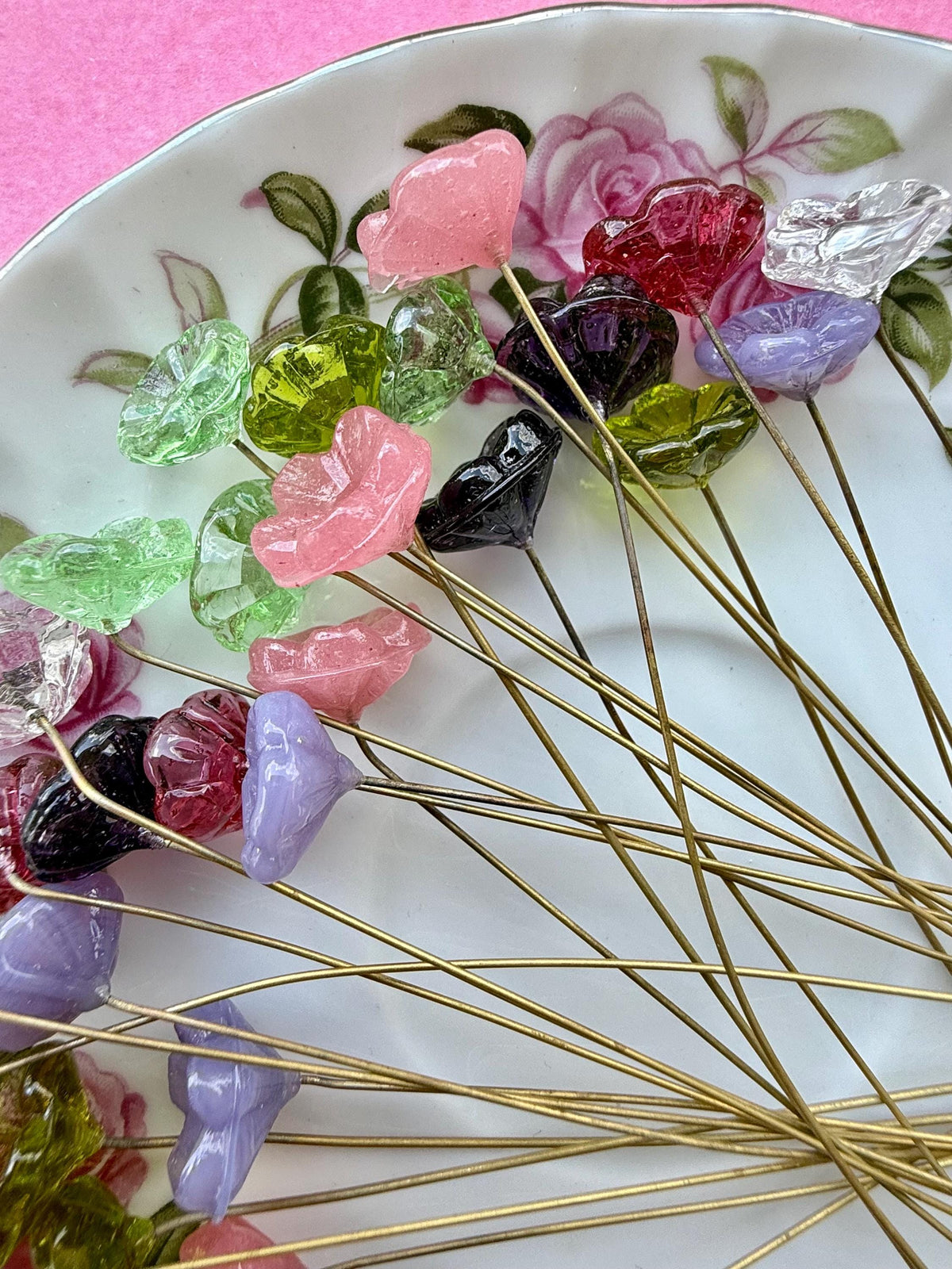 28pc Garden Mix Glass Flower Headpins | Assorted Colors | 3–3.5” Raw Brass Wire | Vintage Botanical Craft Supplies