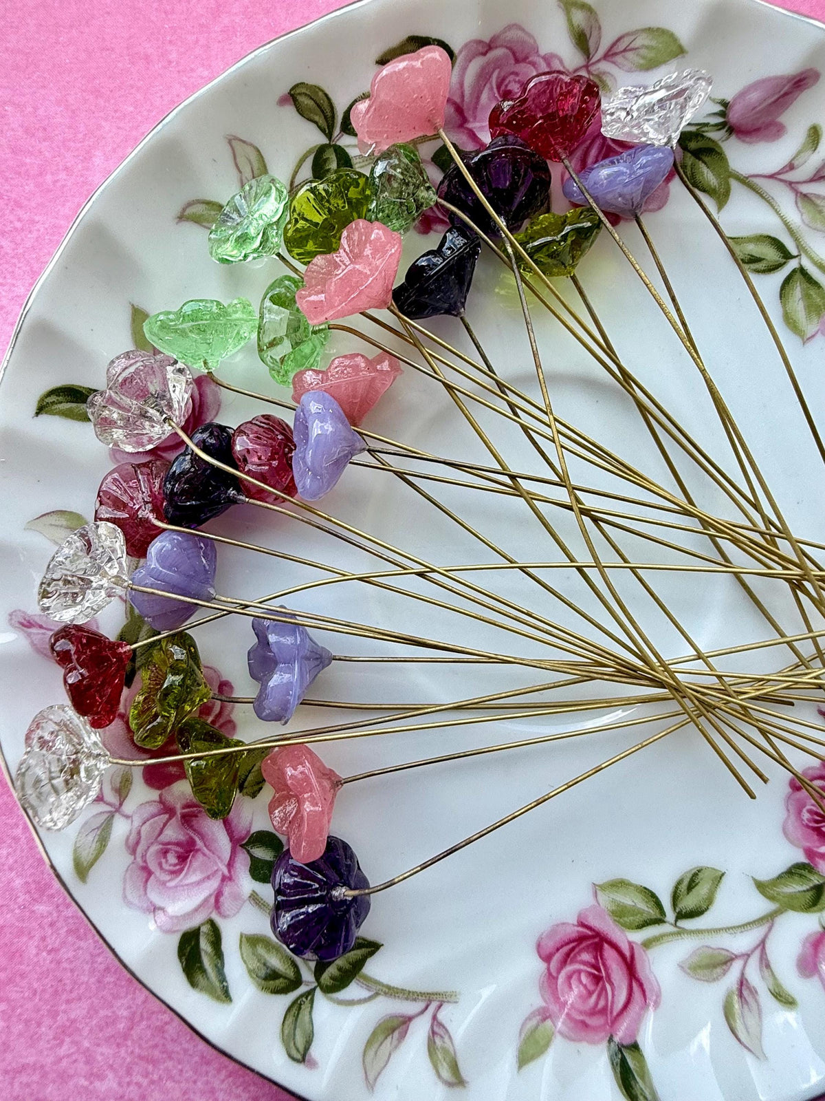 28pc Garden Mix Glass Flower Headpins | Assorted Colors | 3–3.5” Raw Brass Wire | Vintage Botanical Craft Supplies