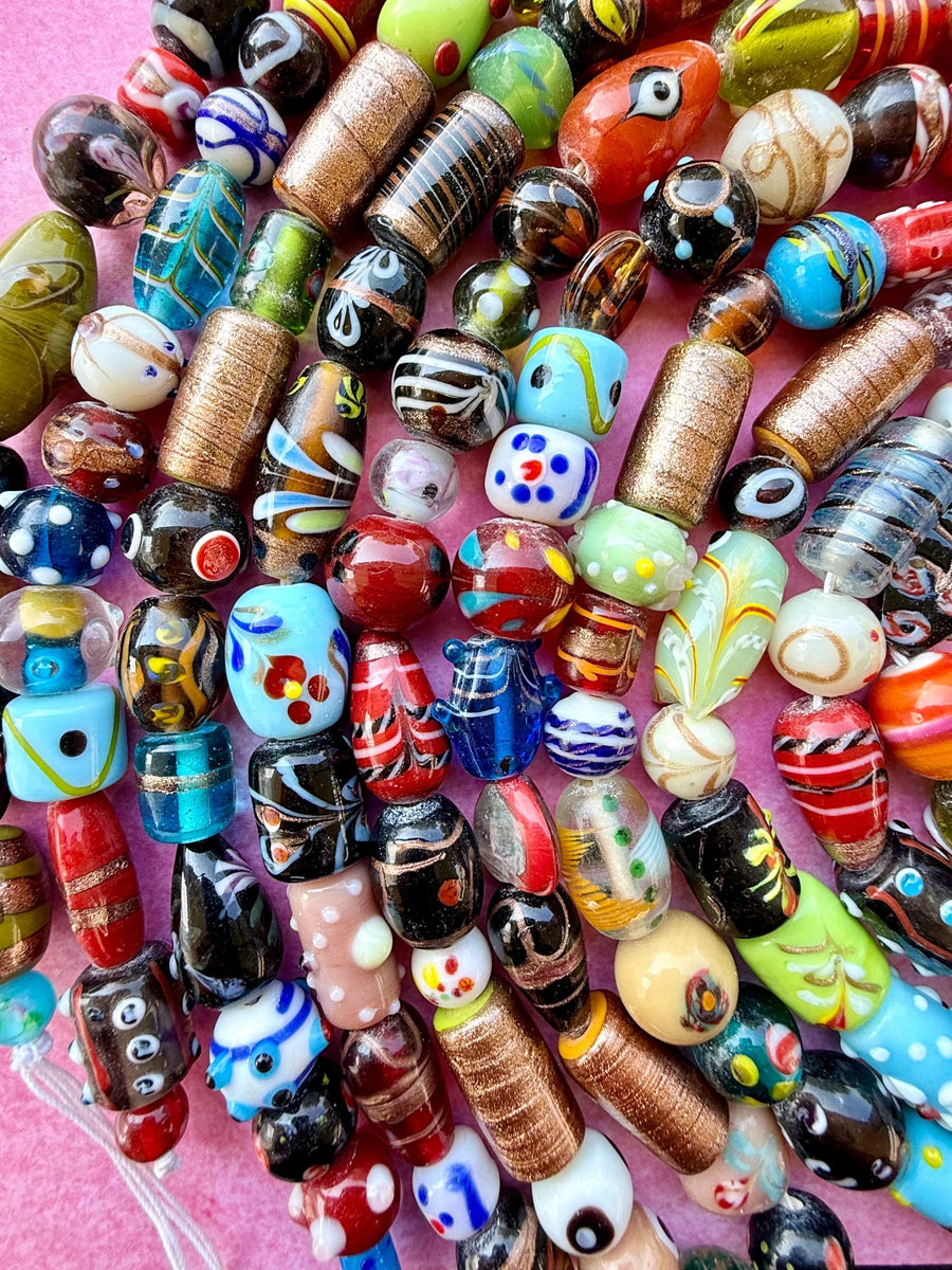 24”  Artisan Oddities – Large Mixed Glass Lampwork Bead Strand – Unique 10–20mm Assorted Bead Strands