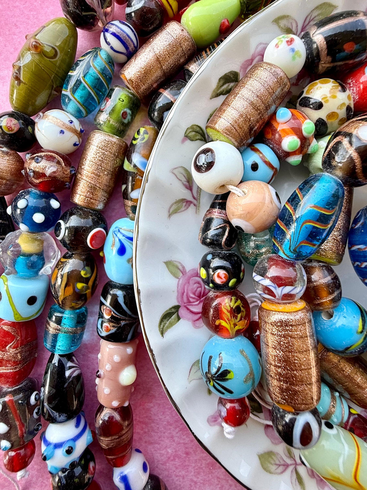 24”  Artisan Oddities – Large Mixed Glass Lampwork Bead Strand – Unique 10–20mm Assorted Bead Strands
