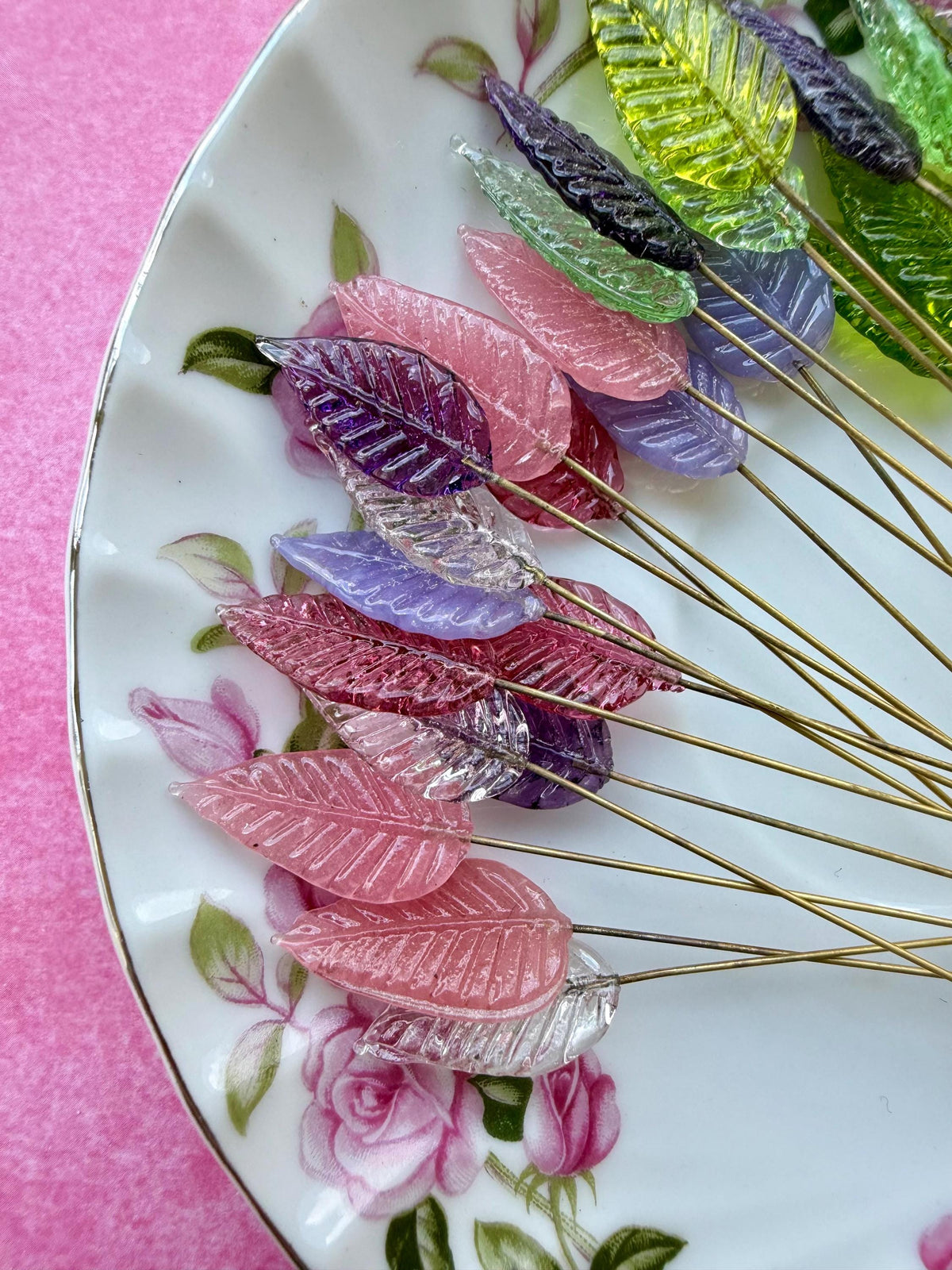 28pc Rainbow Garden Mix Glass Leaf Headpins | Assorted Colors | Vintage Style Glass Leaves on Brass Wire