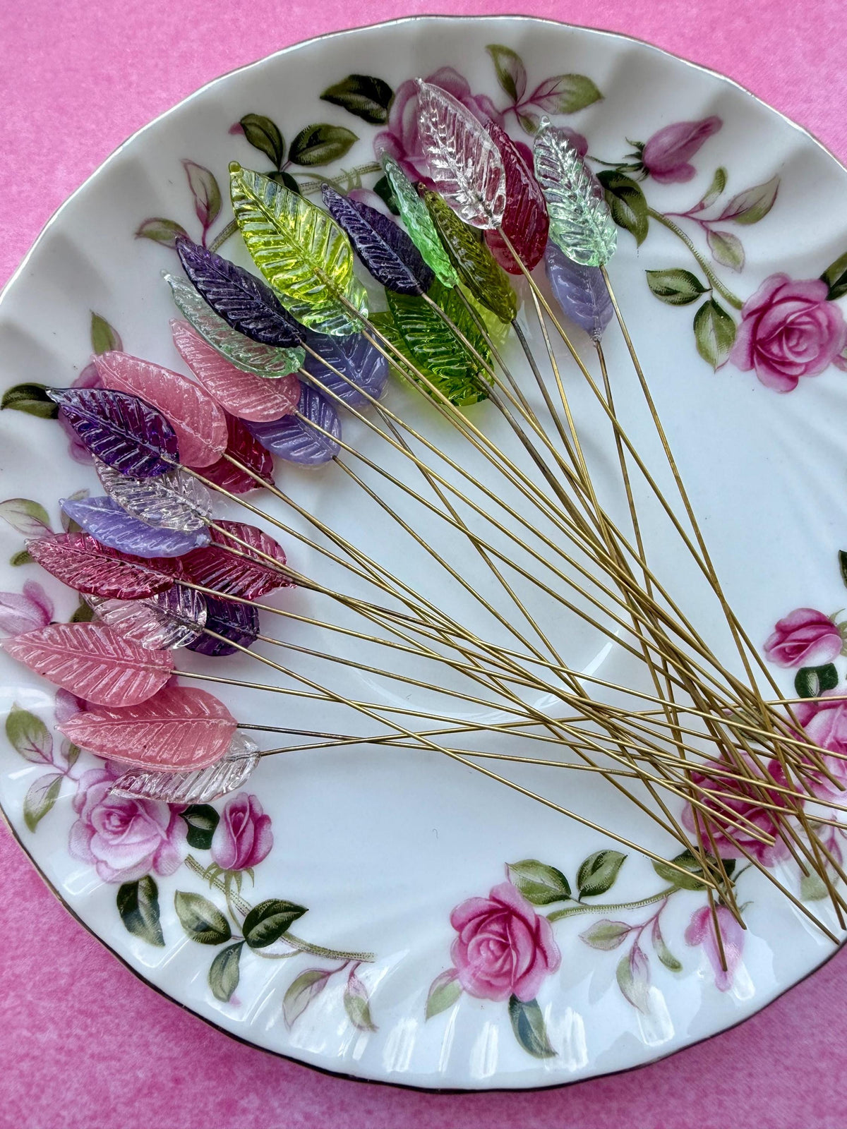 28pc Rainbow Garden Mix Glass Leaf Headpins | Assorted Colors | Vintage Style Glass Leaves on Brass Wire