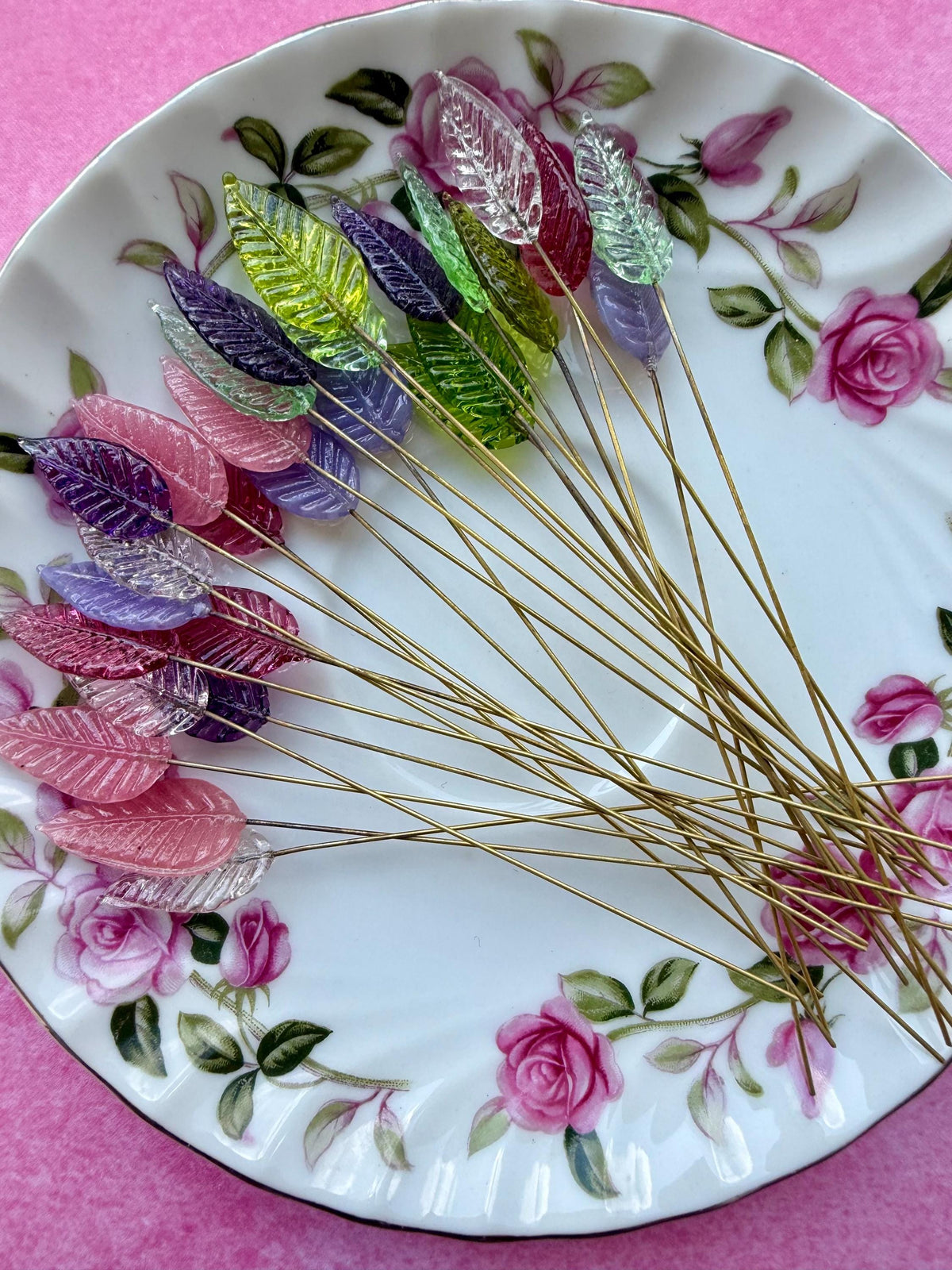 28pc Rainbow Garden Mix Glass Leaf Headpins | Assorted Colors | Vintage Style Glass Leaves on Brass Wire