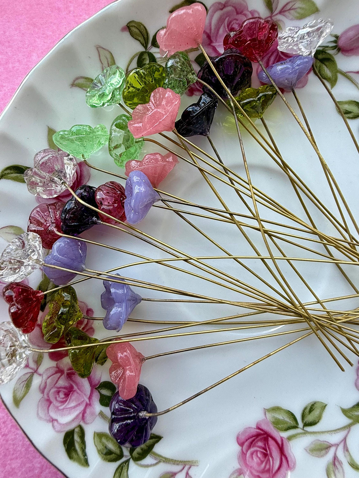 28pc Garden Mix Glass Flower Headpins | Assorted Colors | 3–3.5” Raw Brass Wire | Vintage Botanical Craft Supplies