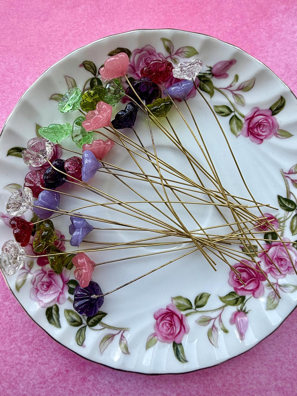 28pc Garden Mix Glass Flower Headpins | Assorted Colors | 3–3.5” Raw Brass Wire | Vintage Botanical Craft Supplies