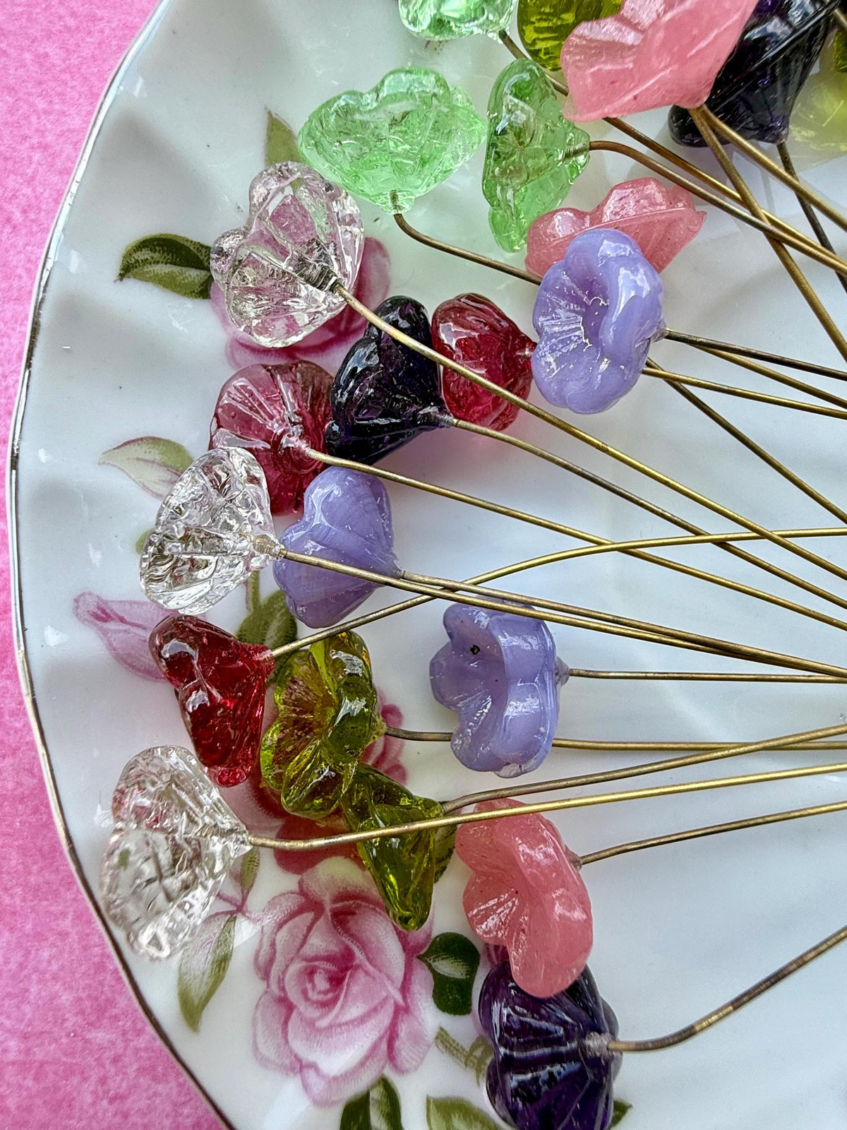 28pc Garden Mix Glass Flower Headpins | Assorted Colors | 3–3.5” Raw Brass Wire | Vintage Botanical Craft Supplies