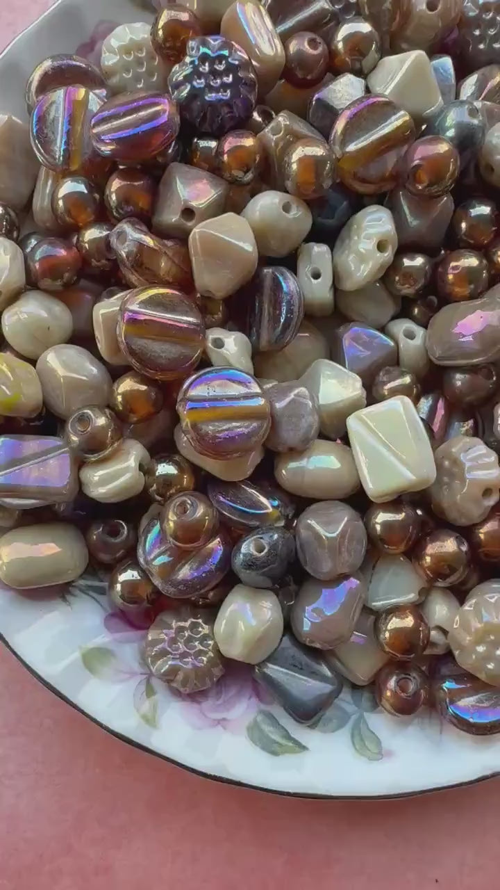 1/2 lb Bronze Aurora Blend AB | Assorted AB Glass Beads | Earth Tone Mix | Bronze & Cream Craft Beads | Jewelry Making Supplies